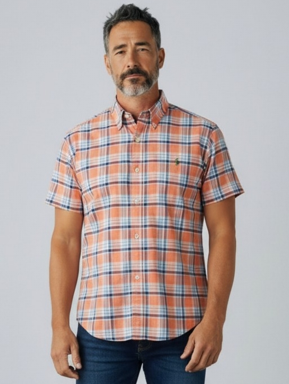 Ralph Lauren Blue Label Peach and Blue Plaid Oxford Short Sleeve Shirt